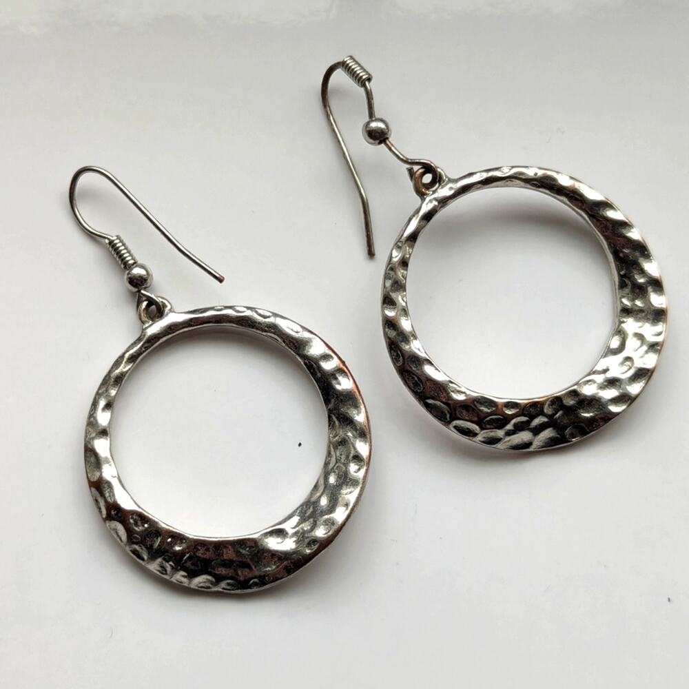 Trendy Boho Style Elegant Silver Tone Hammered Circle Hook Dangle Earrings